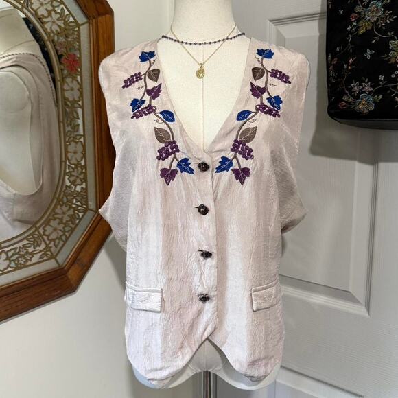 VTG 90s Around Town Shimmery Ivory & Blue & Purple Floral Embroidered Vest L - Picture 3 of 8